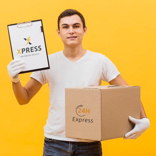 Delivery Man Holding Parcel And Clipboard Mock-Up Psd