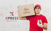 Delivery Man Holding Parcel Mock-Up And Gift Psd