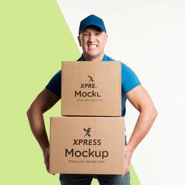Delivery Man Holding Some Boxes Mock-Up Psd