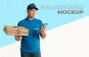 Delivery Man Holding Some Pizza Boxes While Looking Sad At His Phone Psd