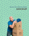 Delivery Man Looking Tired Next To A Bunch Of Boxes With Background Mock-Up Psd
