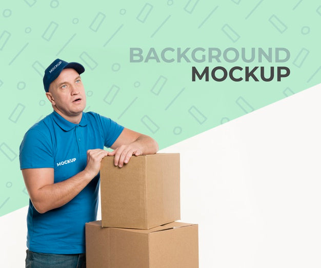Delivery Man Supporting Himself On A Bunch Of Boxes Psd