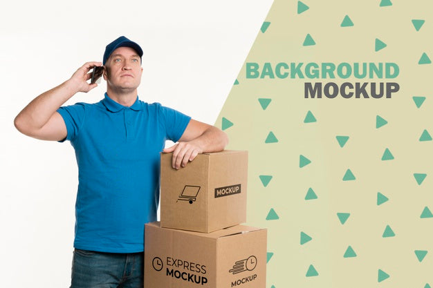 Delivery Man Talking On The Phone With A Client Psd