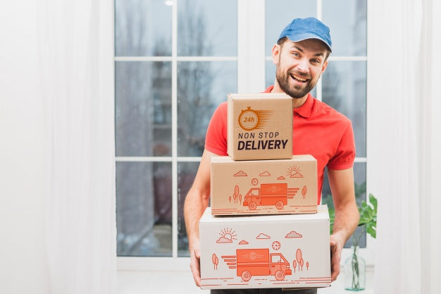 Delivery Mockup With Man Holding Boxes Psd