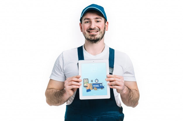 Delivery Mockup With Man Showing Tablet Psd