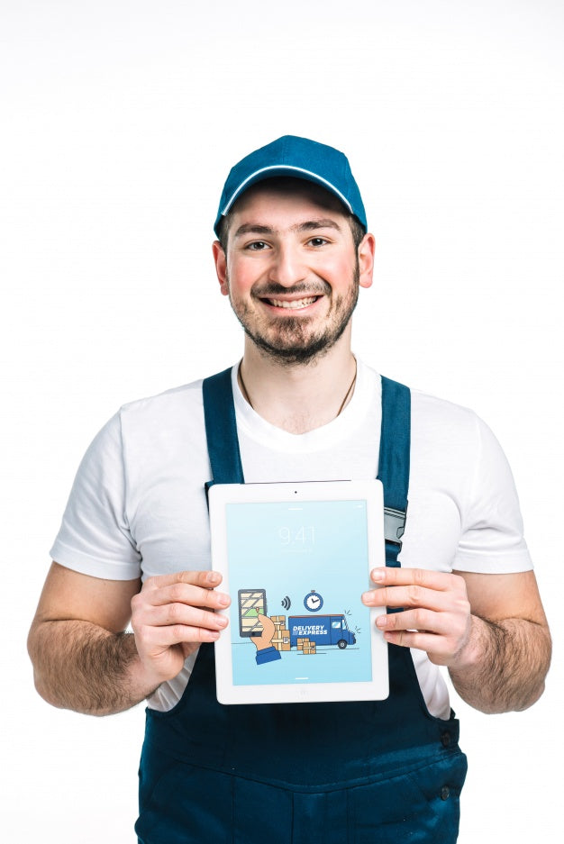 Delivery Mockup With Man Showing Tablet Psd