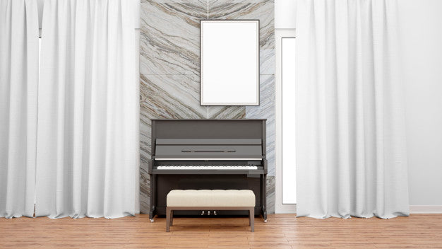 Deluxe Room With High Class Piano, White Curtains And Photo Frame Psd
