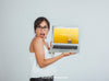 Design Of Mock Up With Surprised Woman And Laptop Psd