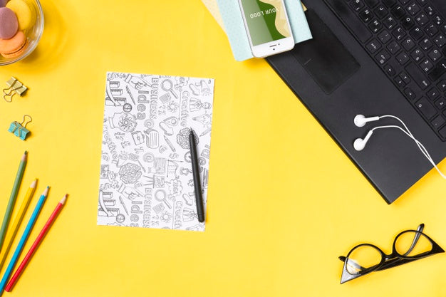 Desk Concept With Devices To Take Notes And Paper Sheets Psd