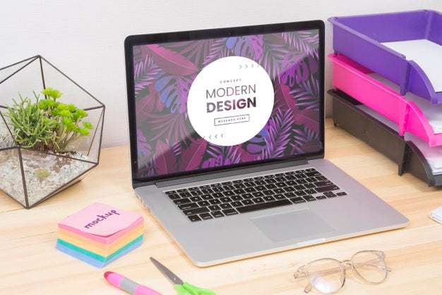 Desk Concept With Laptop And Sticky Notes Psd