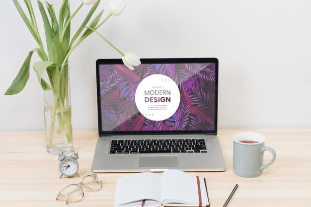 Desk Concept With Laptop And Tea Psd