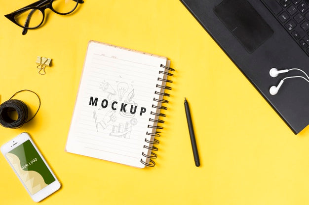 Desk Concept With Notebook, Phone And Laptop Psd