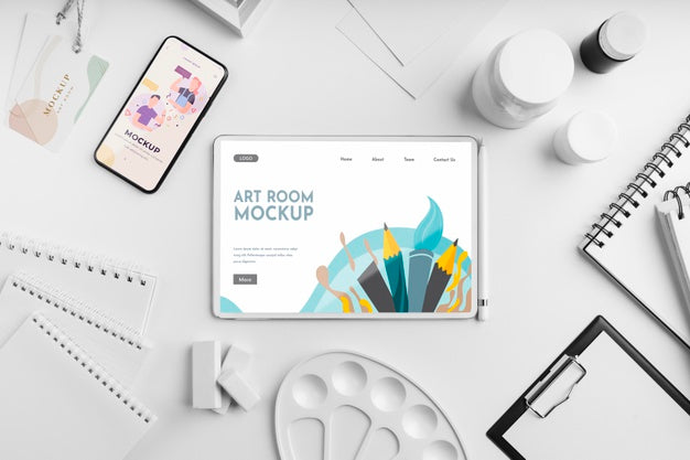 Desk Of Painting Artist With Tablet Psd