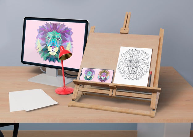 Desk With Painting Support And Monitor Psd