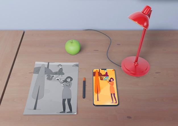Desk Workspace With Phone And Sheet Draw Psd