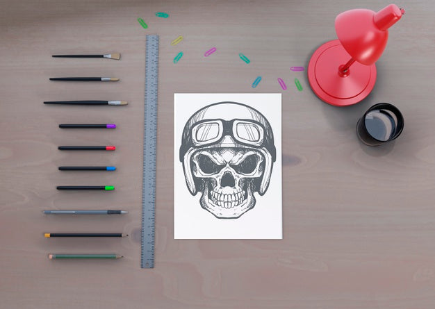Desktop View With Sketch Draw On Paper Sheet Psd