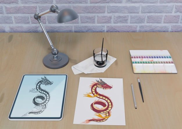 Desktop With Snake Drawing Indoor Psd