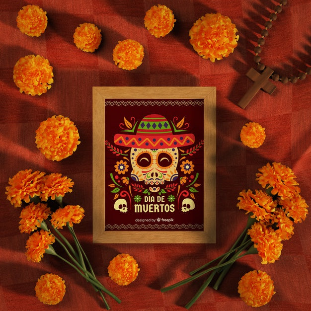 Dia De Muertos Mock-Up Surrounded By Flowers Psd