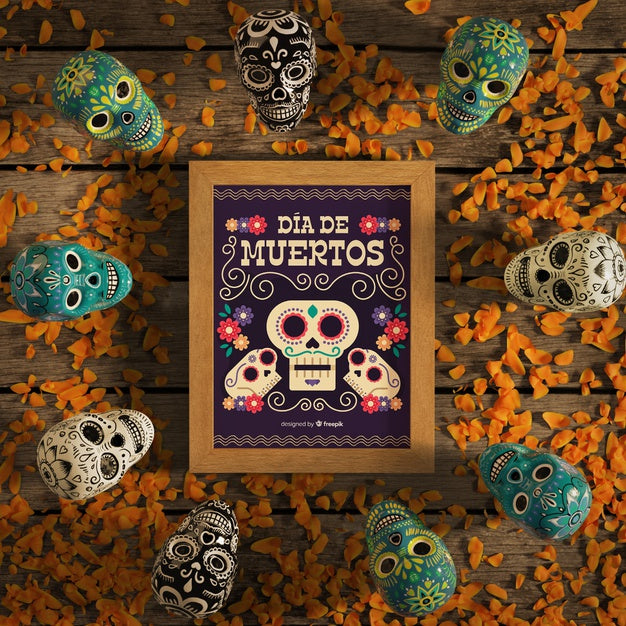 Dia De Muertos Mock-Up Surrounded By Skulls Psd