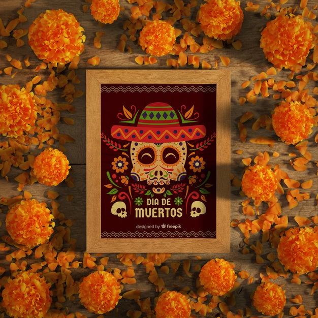 Dia De Muertos Skulls With Sombrero And Flowers Top View Psd