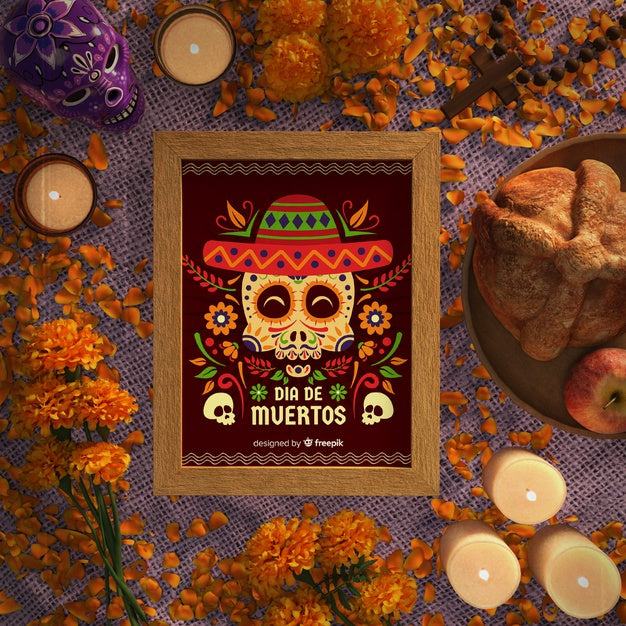 Dia De Muertos Skulls With Sombrero Flat Lay Psd