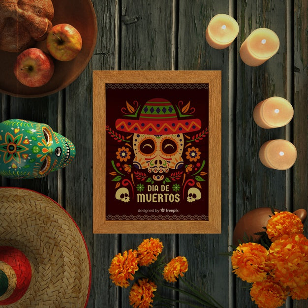 Dia De Muertos Skulls With Sombrero On Wooden Background Top View Psd