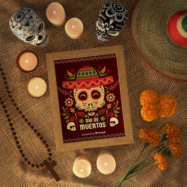 Dia De Muertos Skulls With Sombrero Top View Psd