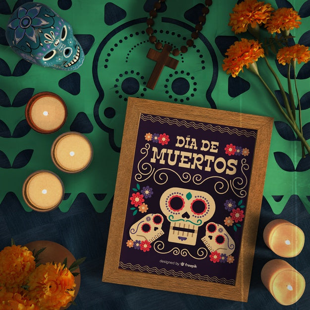 Dia De Muertos Violet Skulls With Sombrero Top View Psd