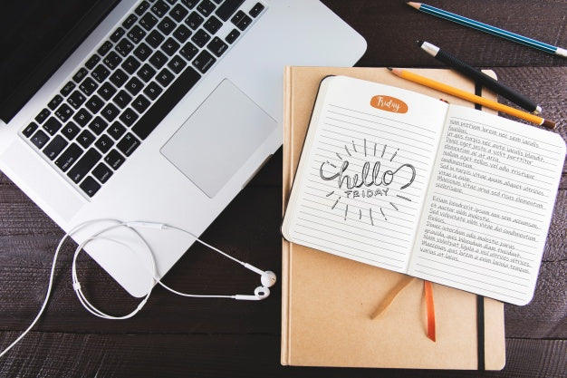 Diary Mockup With Laptop Psd