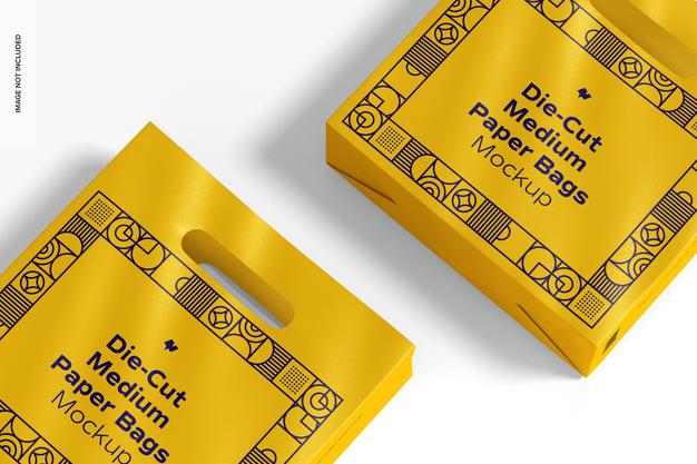 Die-Cut Medium Paper Bags Mockup, Close Up Psd