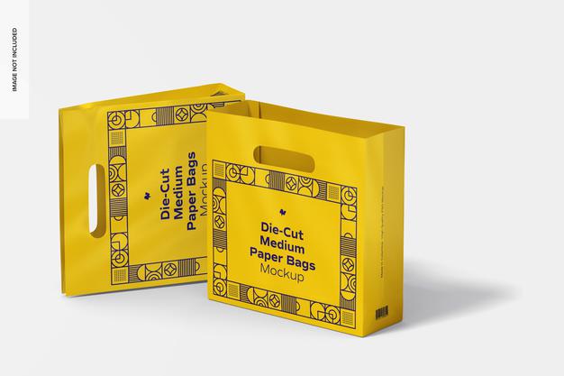 Die-Cut Medium Paper Bags Mockup, Standing And Dropped Psd