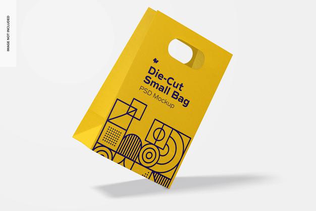 Die-Cut Small Paper Bag Mockup, Flotando Psd