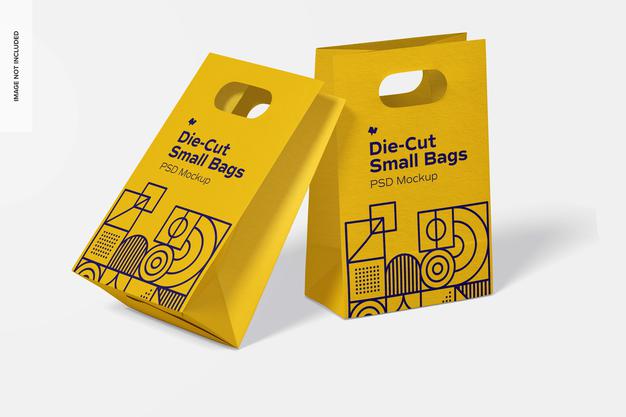 Die-Cut Small Paper Bags Mockup, Leaned Psd