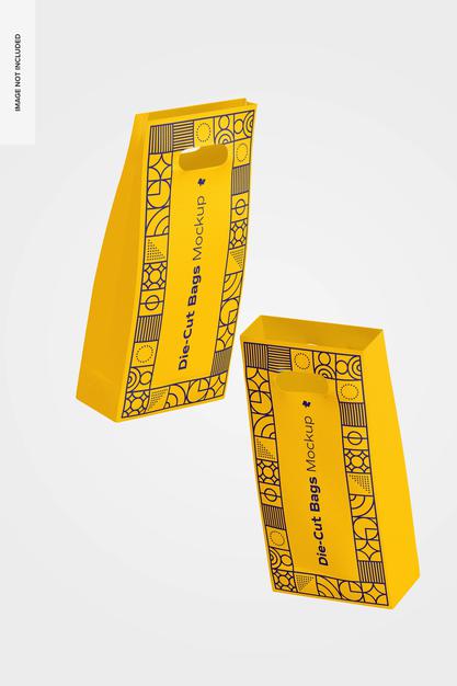 Die-Cut Tall Paper Bags Mockup, Floating Psd