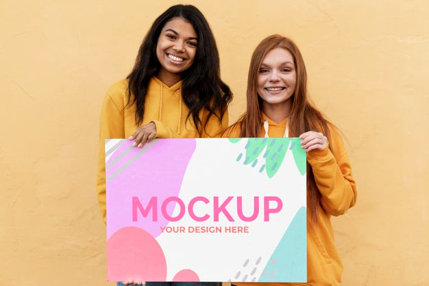 Different Beautiful Women Holding A Card Mock-Up Psd