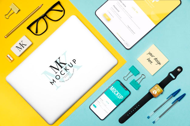 Different Devices And Pens Arrangement Psd