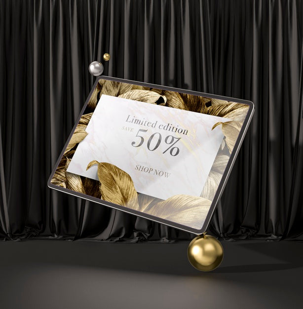Digital Tablet With Golden Leaves 3D Mock-Up Psd