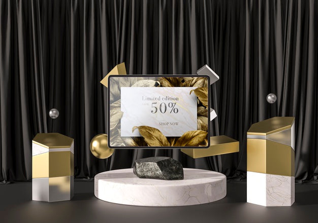 Digital Tablet With Golden Leaves And Geometrical Shapes Psd