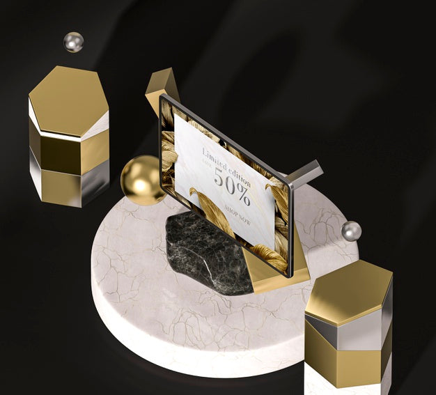 Digital Tablet With Golden Leaves High View Psd