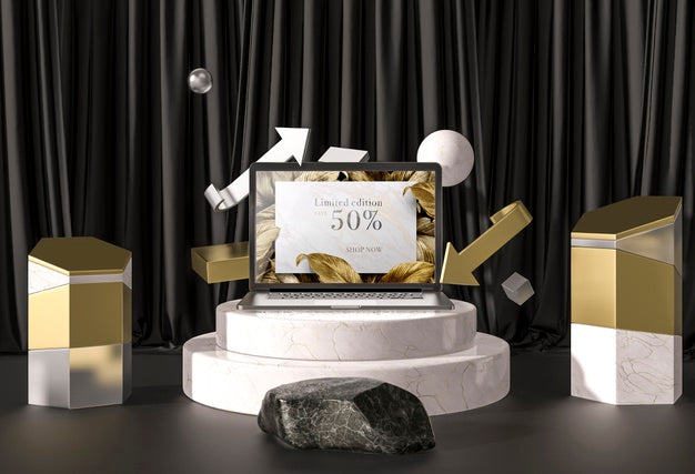 Digital Tablet With Golden Leaves On Stairs Psd