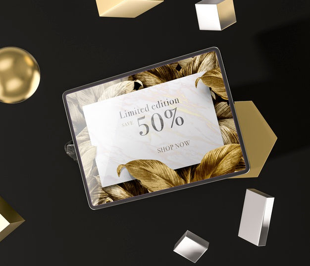 Digital Tablet With Golden Leaves Psd