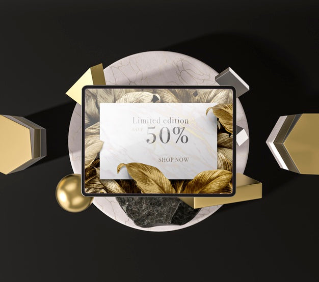 Digital Tablet With Golden Leaves Top View Psd