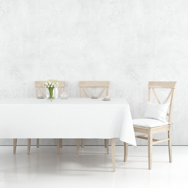 Dining Table Mockup With White Cloth And Wooden Chairs Psd