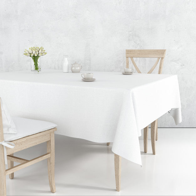 Dining Table Mockup With White Cloth And Wooden Chairs Psd