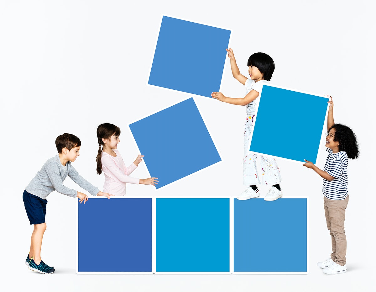 Diverse Happy Kids Stacking Empty Square Boards