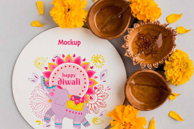 Diwali Festival Holiday Mock-Up Elephant And Candles Psd
