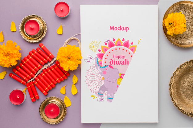 Diwali Festival Holiday Mock-Up Elephant And Fireworks Psd