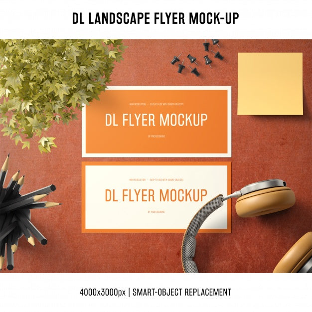 Dl Landscape Flyer Mockup With Headphones Psd