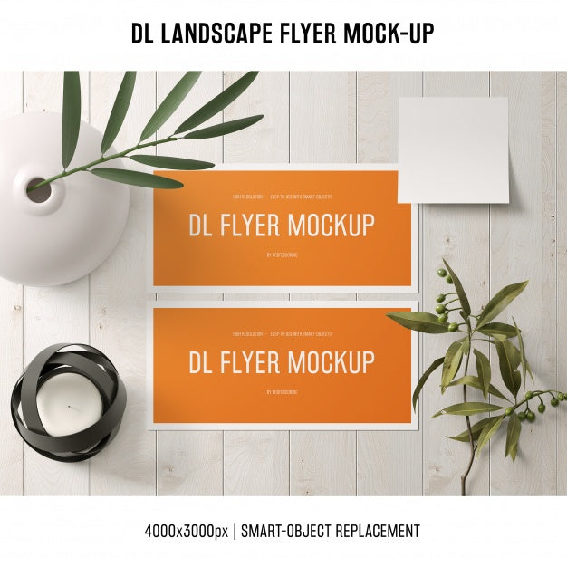 Dl Landscape Flyer Mockup With Plants Psd