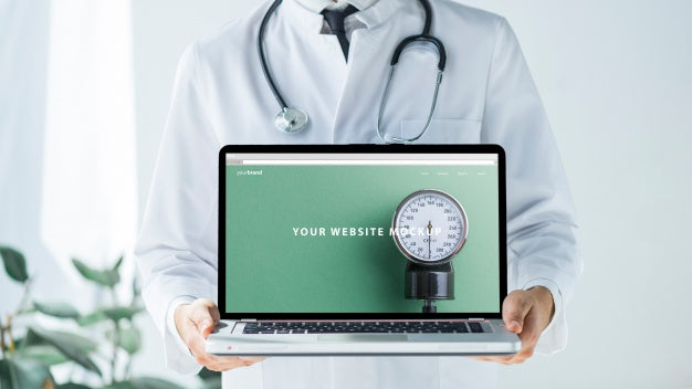 Doctor Holding Laptop Mockup For Website Psd